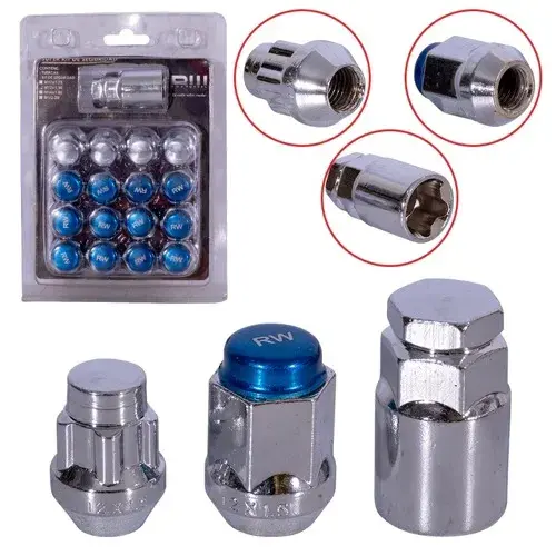 KIT SEGURIDAD HEXAGONAL CONICA AZUL RW ROSWHEEL 5PCS 32MM / 12PCS 33MM 12X1.50 D19 NIQUELADO - 1