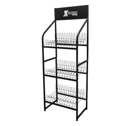 EXHIBIDOR FORRO DE VOLANTE METALICO NEGRO 3 NIVELES 170X60CM CON SOLAPA - 1